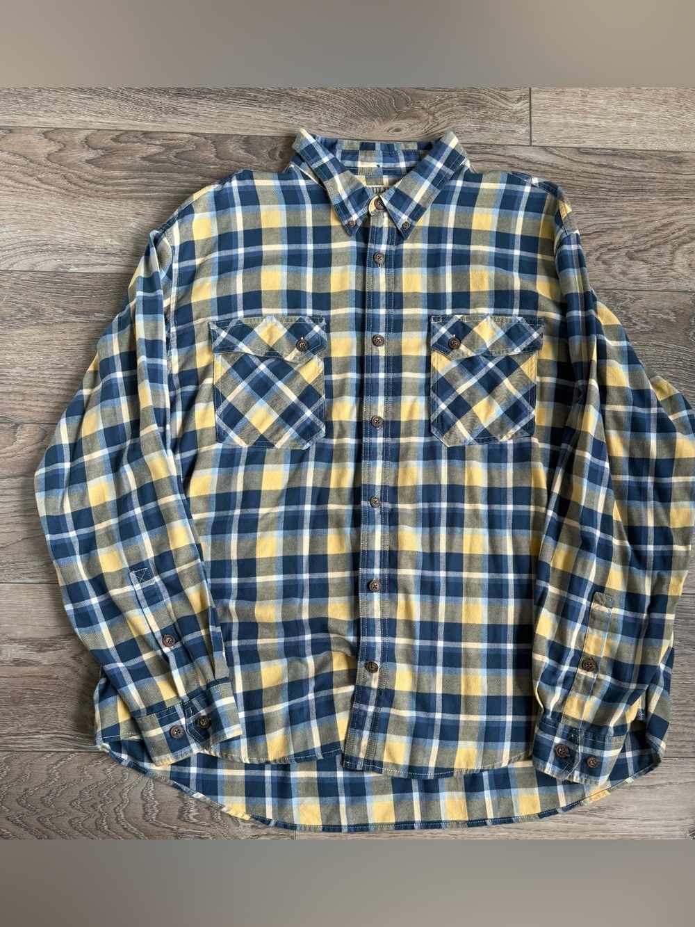 33.  Duluth Trading Co. Blue Yellow Plaid Flannel Shirt 3XL
